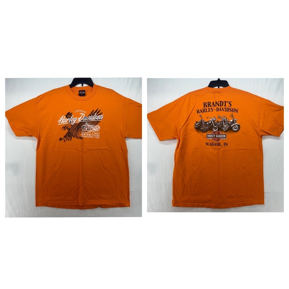 Harley Davidson Orange T-Shirt Eagle & Motorcycle Double Side Print Size XL
